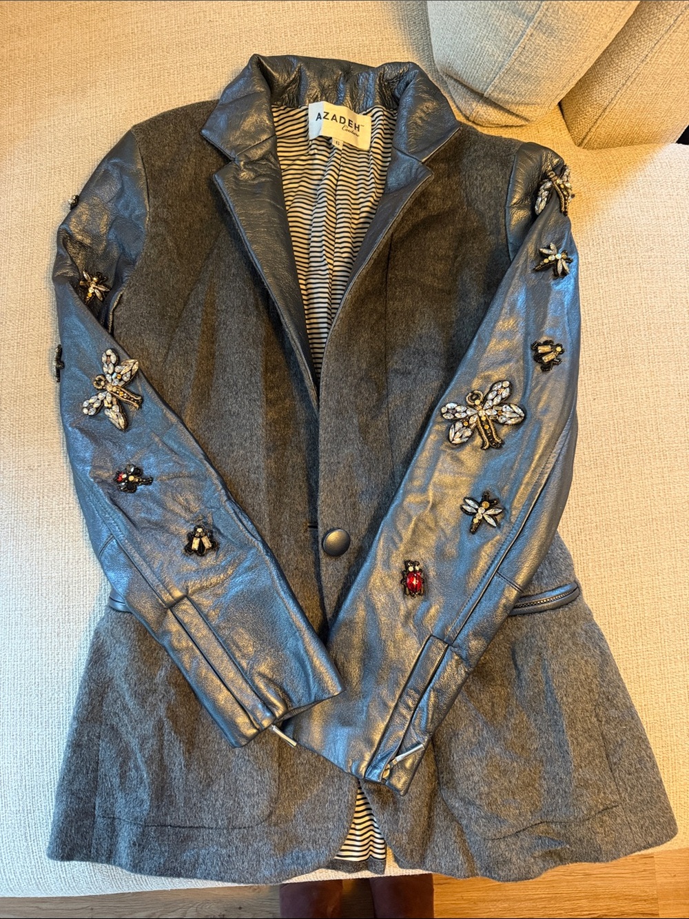 Embellished Gray Wool & Pewter Leather Sleeve Blazer
